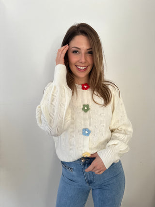 Colorful button flowers white knit