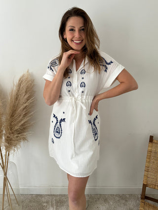 Blue embroidered white dress
