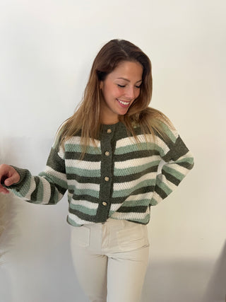 Gold buttons green striped cardigan