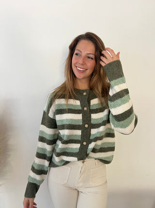 Gold buttons green striped cardigan