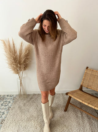 Taupe button detail ribbed sweater dress
