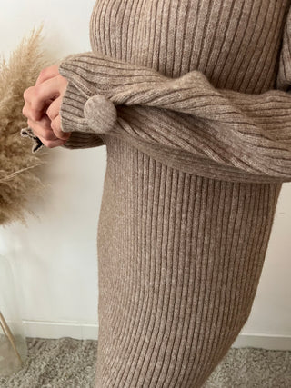Taupe button detail ribbed sweater dress