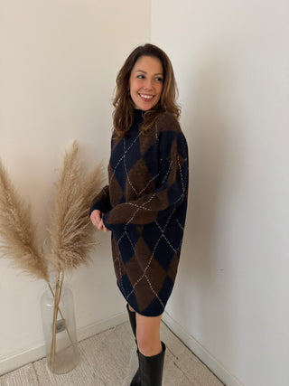 Navy brown argyle sweater dress