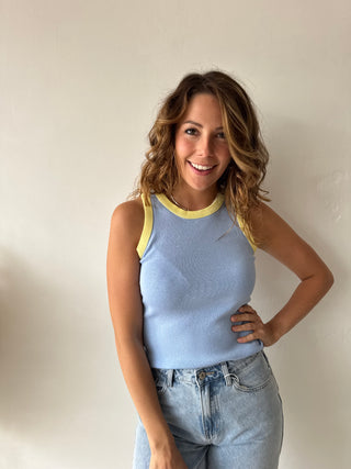 Yellow details blue top
