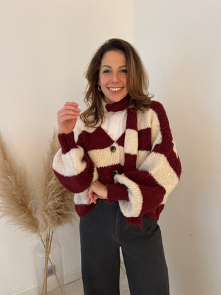 Burgundy beige striped button scarf knit