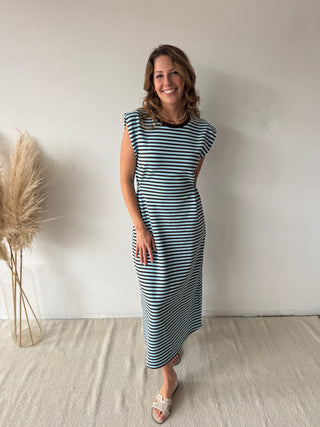 Brown blue striped maxi dress