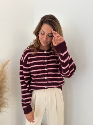 Burgundy pink striped button knit