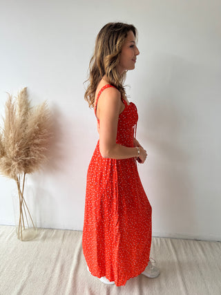 Light pink flowers red dress