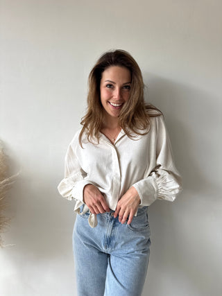 Beige linen bow shirt