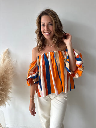 Orange blue strapless top