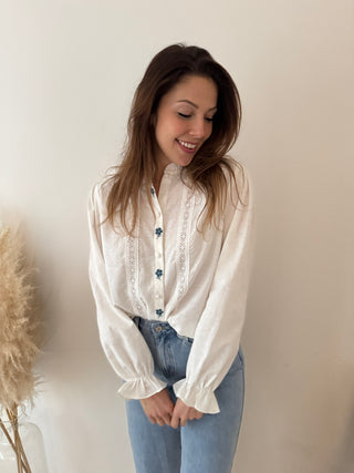 Blue flowers white blouse