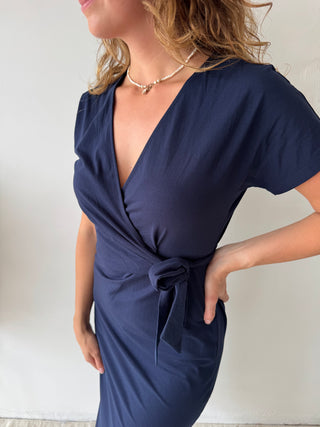 Navy knot split dress