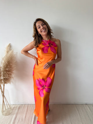 Fuchsia flowers orange dress