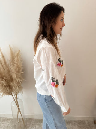 Colorful flowers white blouse