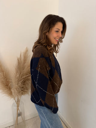 Navy brown argyle knit