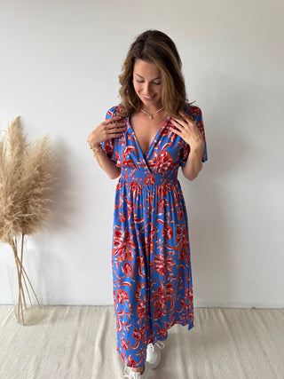 Orange flowers blue maxi dress