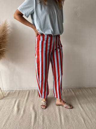 Orange blue striped jeans