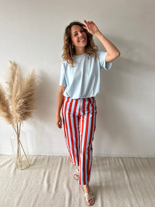 Orange blue striped jeans