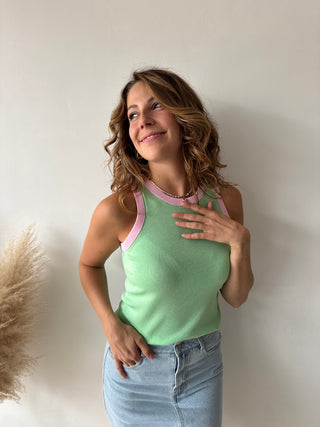 Pink details green top