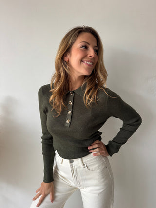 Gold buttons green ribbed top