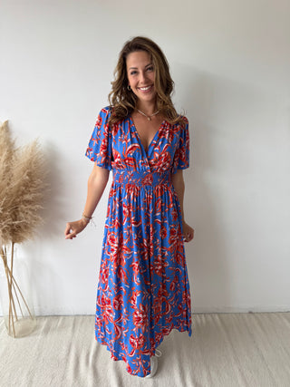 Orange flowers blue maxi dress