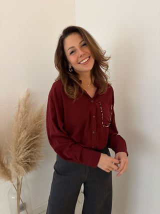 Leopard pocket burgundy blouse