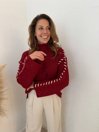 Burgundy stitched turtleneck knit