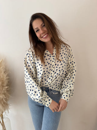 Blue hearts white blouse