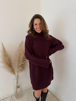 Buttons details burgundy sweater dress