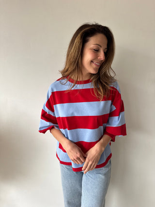 Blue red striped top