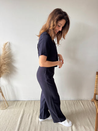 Navy open back linen jumpsuit
