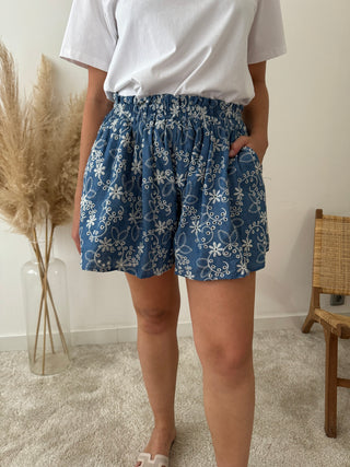 White embroidered flowers blue short