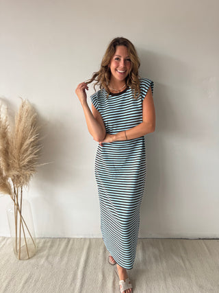 Brown blue striped maxi dress