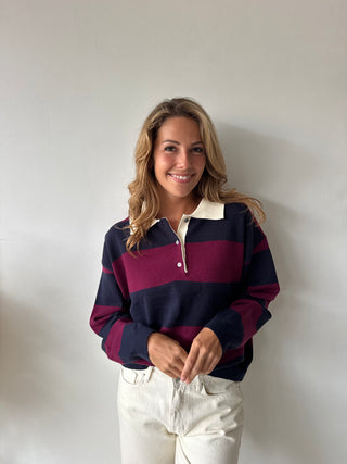 Navy burgundy striped polo sweater
