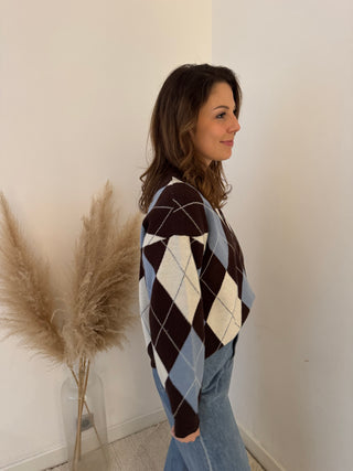 Blue brown argyle polo knit