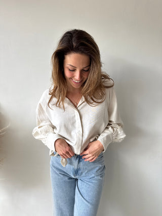 Beige linen bow shirt