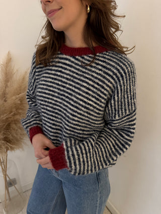 Red details blue striped knit