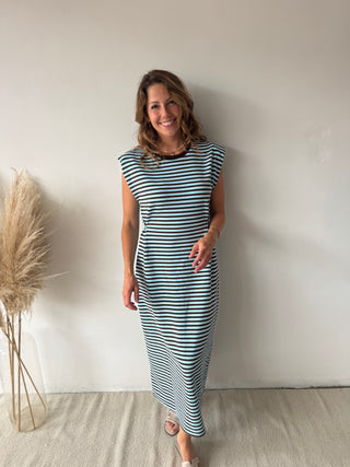 Brown blue striped maxi dress