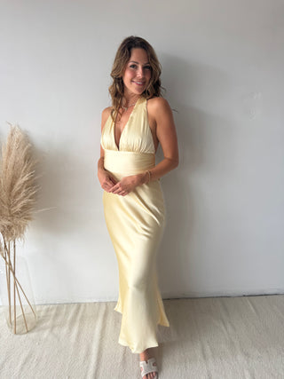 Yellow satin maxi dress