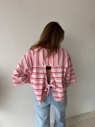 Knot back pink red striped top