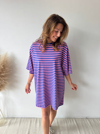 Pink blue striped t-shirt dress