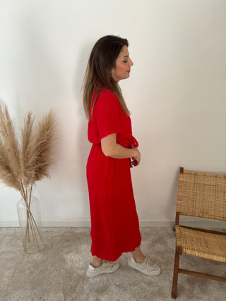 Red button down tetra dress