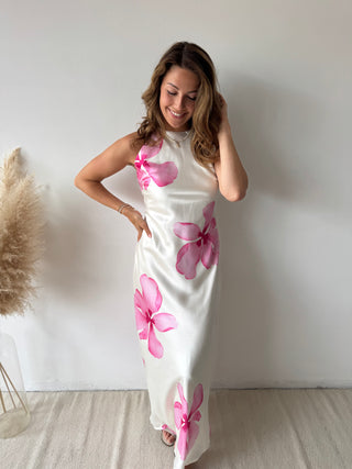 Pink flowers white dress