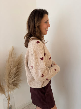 Burgundy hearts beige knit