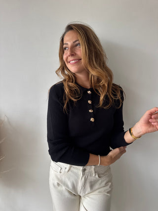 Gold buttons black ribbed top