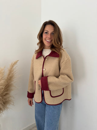 Burgundy details beige jacket