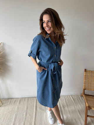 Blue denim midi dress
