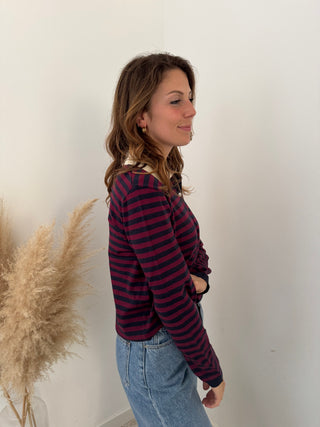 White collar burgundy striped polo