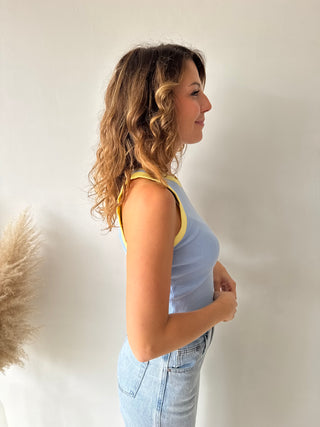Yellow details blue top