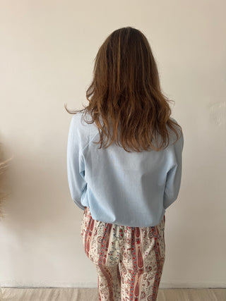 Blue linen bow shirt